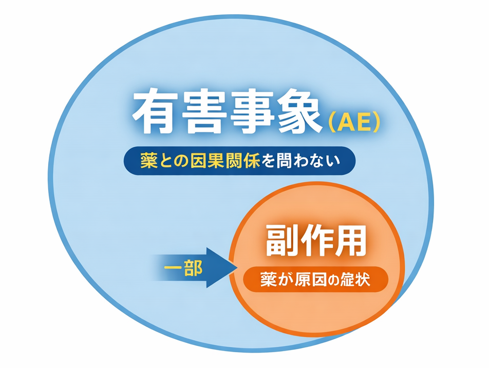 有害事象（大きな網） ⊃ 副作用（その中の一部）